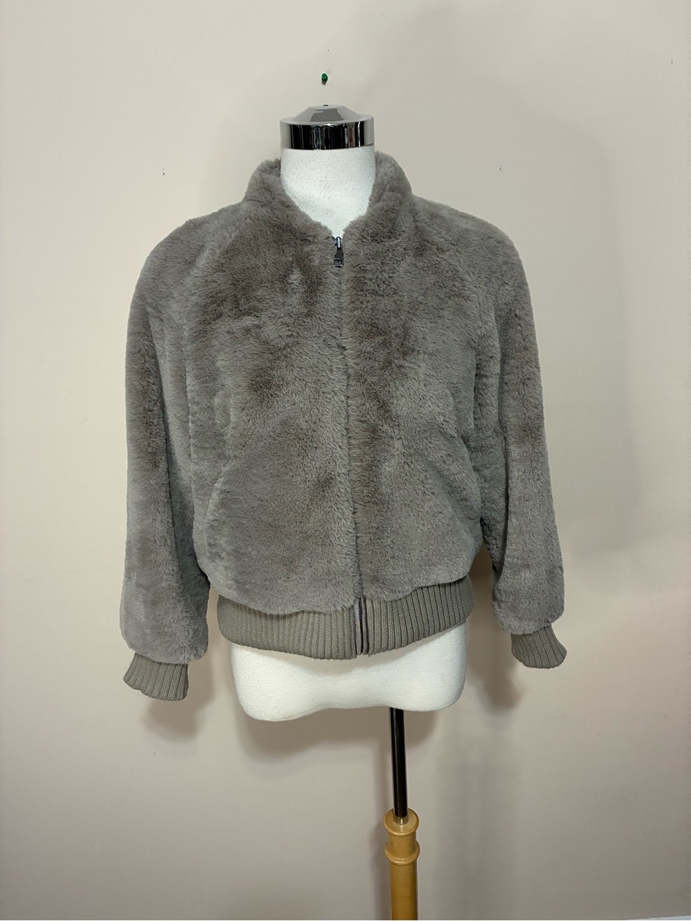 Banana Republic Women’s Plush Taupe Faux-Fur Bomber Jacket